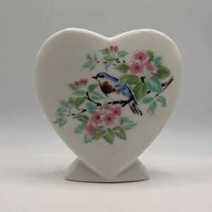 Heart-Shaped Porcelain Vase Candle Holder Planter with Blue Bird & Floral Design